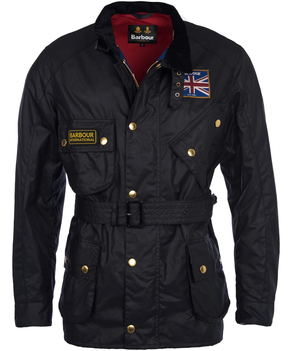 View Mens Barbour International Union Jack Waxed Jacket Black UK XS information