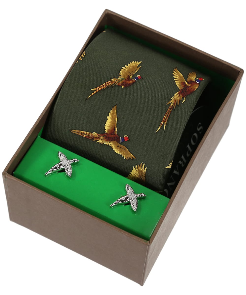 View Soprano Pheasant Tie and Cufflinks Gift Set New Green One size information