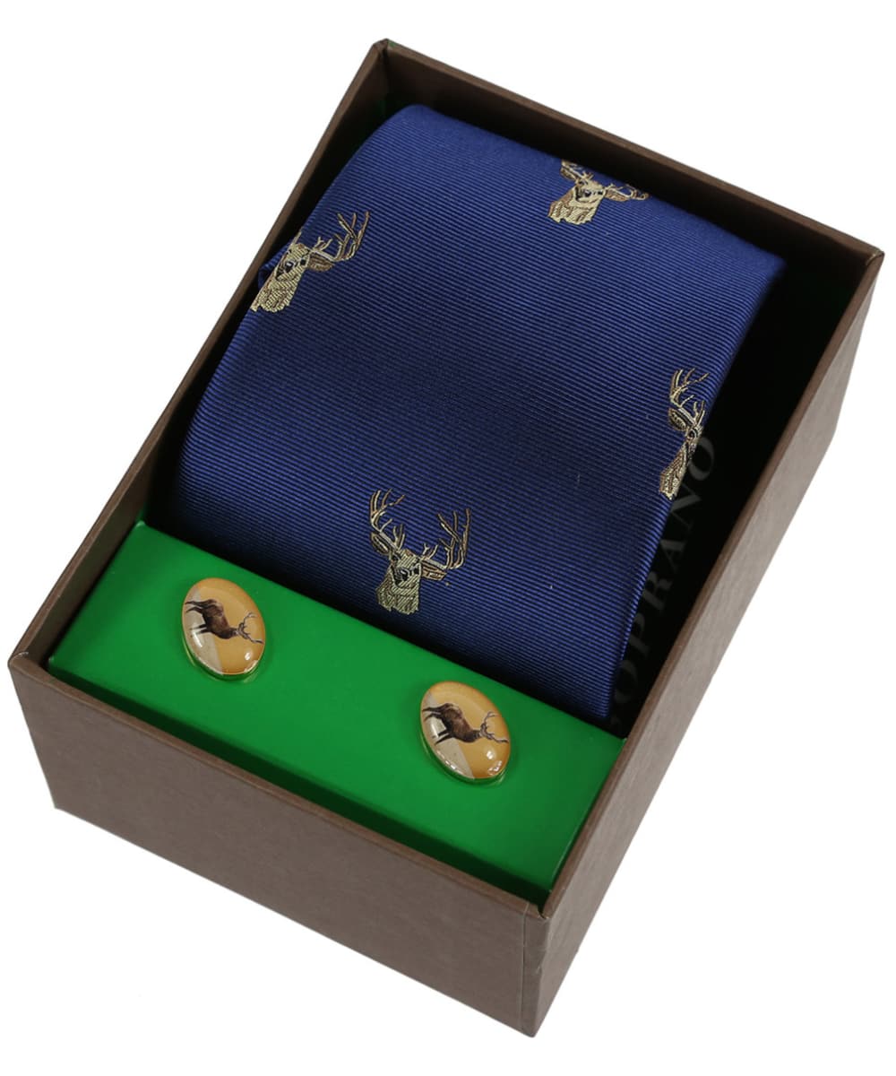 View Mens Soprano Stags Head Tie and Cufflink Set Navy One size information