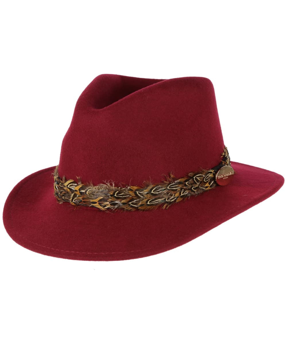View Womens Hicks Brown The Suffolk Fedora Pheasant Feather Wrap Maroon XS 5354cm information