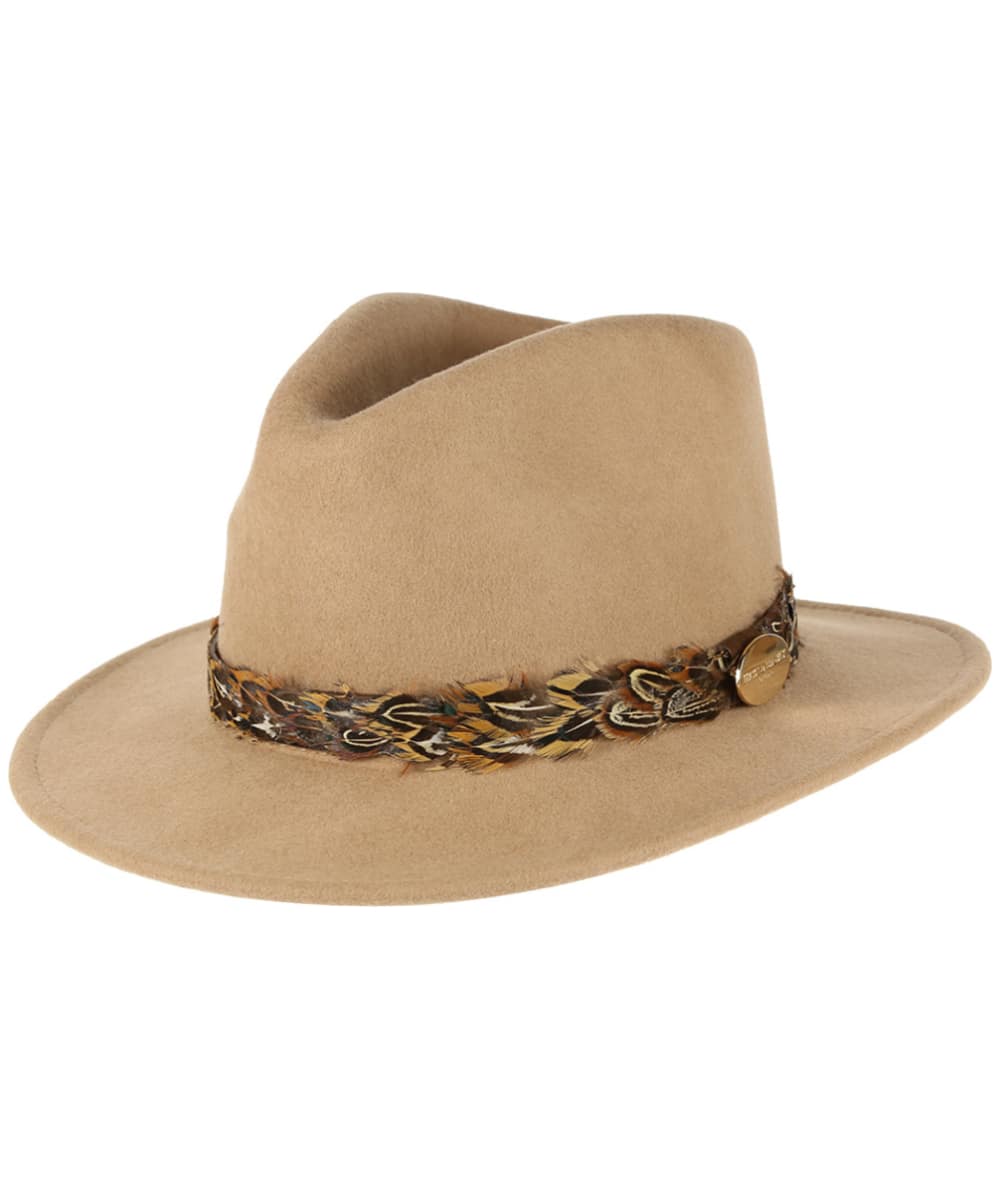 View Womens Hicks Brown The Suffolk Fedora Pheasant Feather Wrap Camel XS 5354cm information