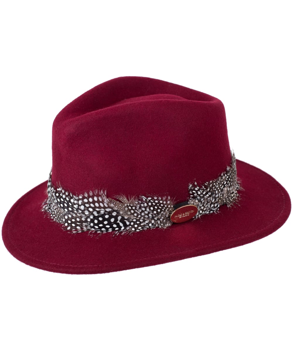 View Womens Hicks Brown The Suffolk Fedora Guinea Feather Wrap Maroon S 5556cm information