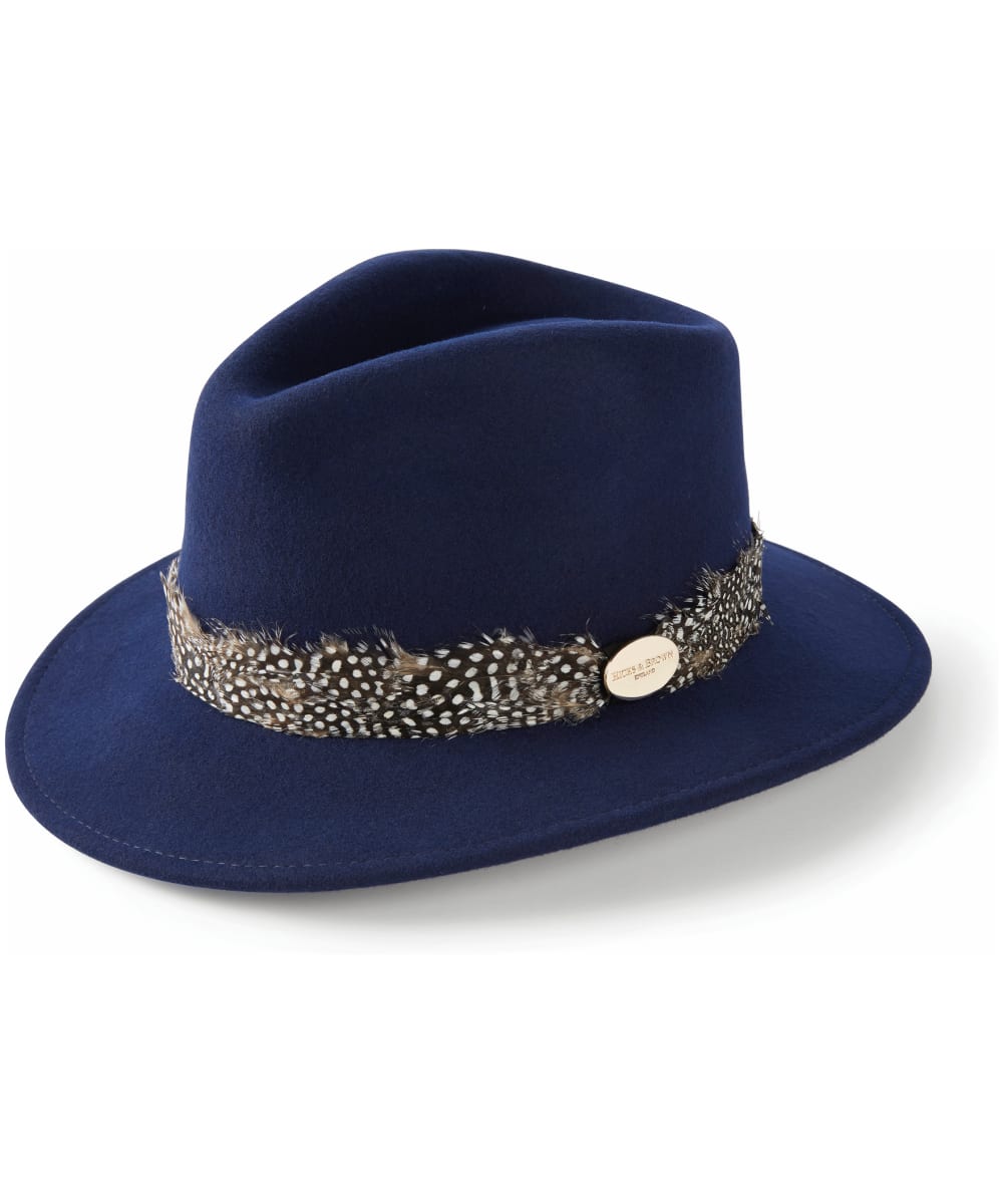 View Womens Hicks Brown The Suffolk Fedora Guinea Feather Wrap Navy M 5758cm information
