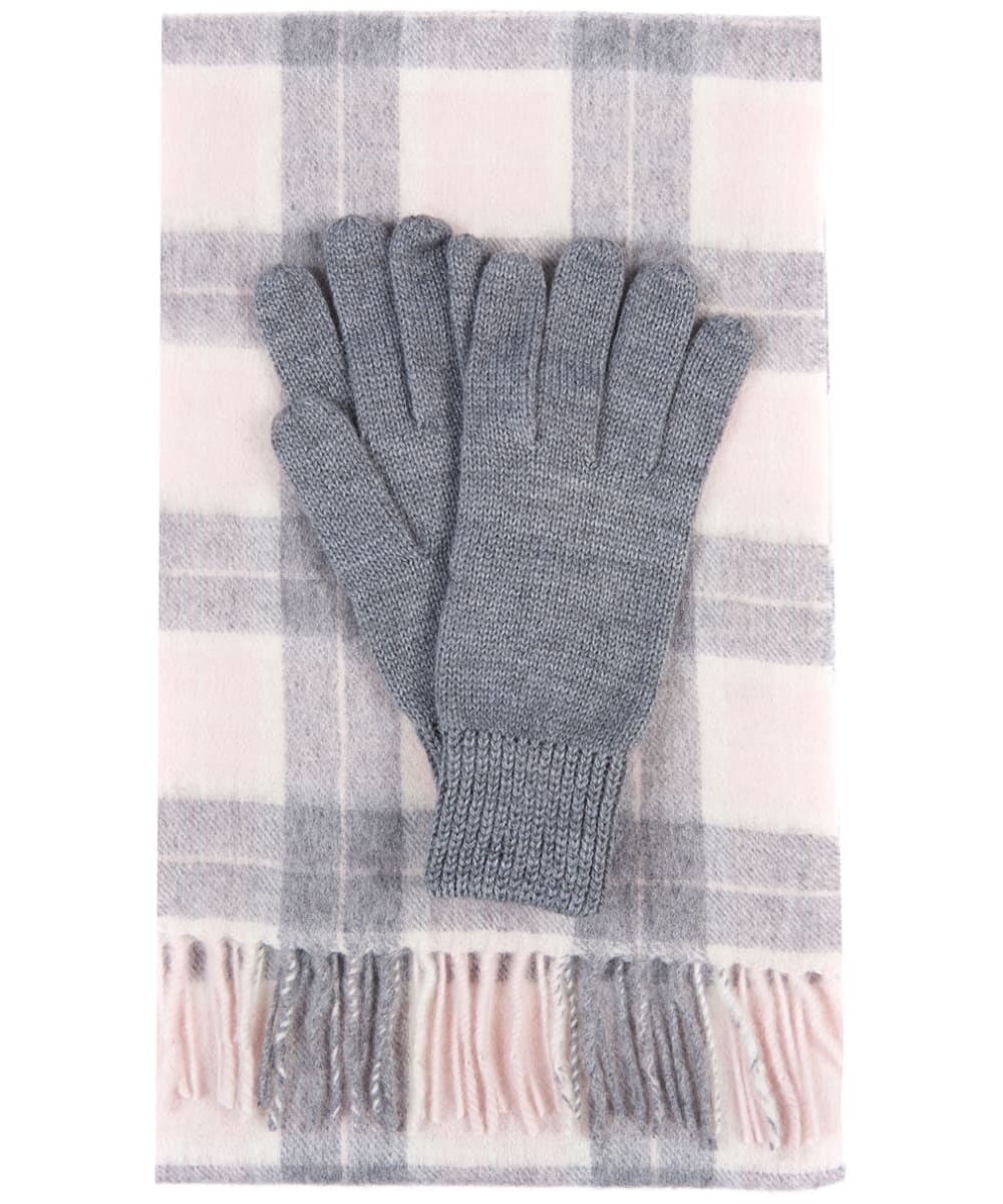 View Womens Barbour Wool Tartan Scarf Glove Set Pink Grey Tartan One size information