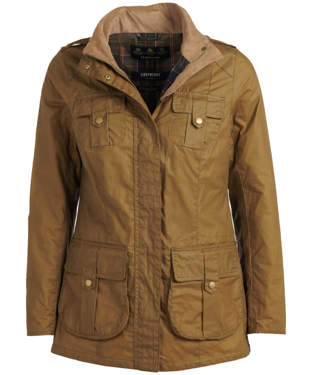 View Womens Barbour Defence Lightweight Waxed Jacket Sand UK 12 information