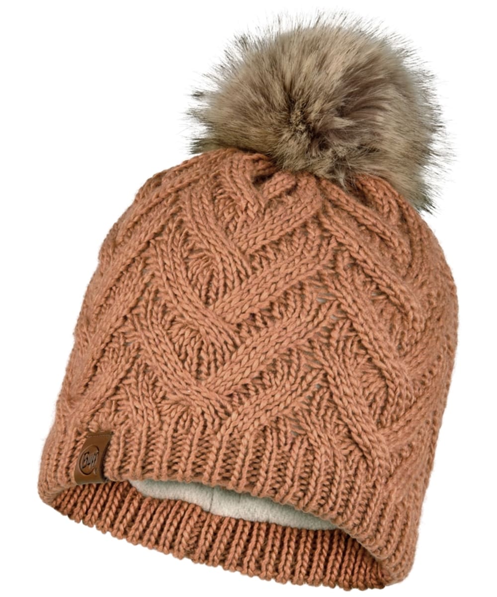 View Womens Buff Knitted Beanie Hat With Bobble and Polar Fleece Rosewood One size information