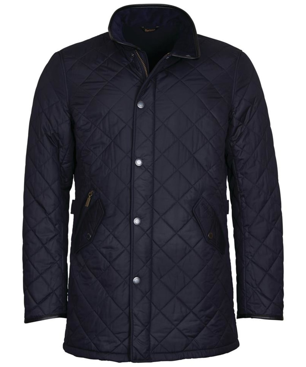 View Mens Barbour Long Powell Quilted Jacket Navy UK L information