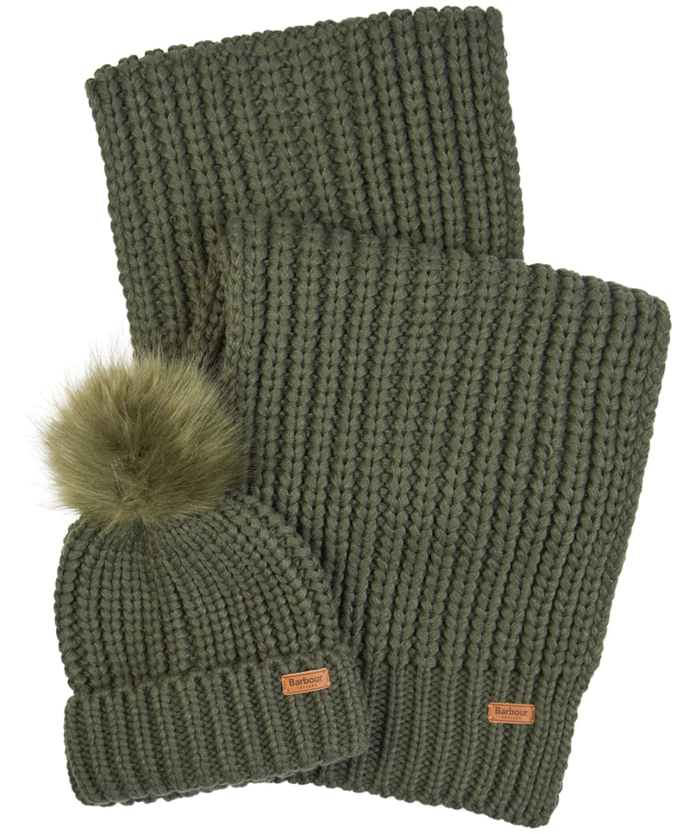 View Womens Barbour Saltburn Scarf and Beanie Set Olive One size information