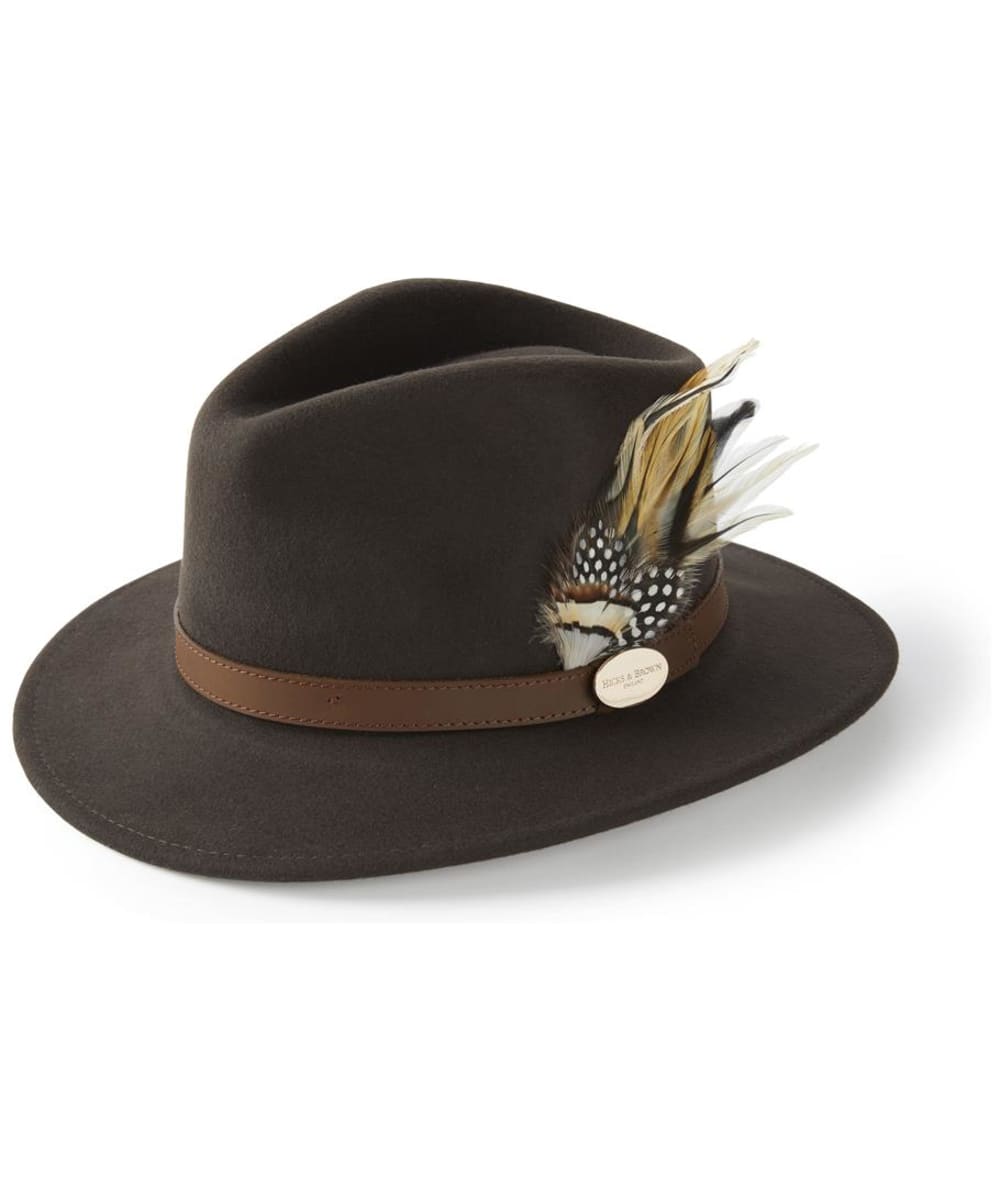 View Womens Hicks Brown The Suffolk Fedora Guinea and Pheasant Feather Brown M 5758cm information