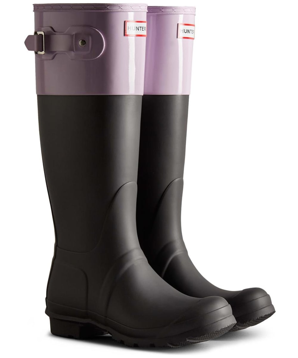 View Womens Hunter Original Tall Colour Block Wellington Boots Black Mauve UK 4 information