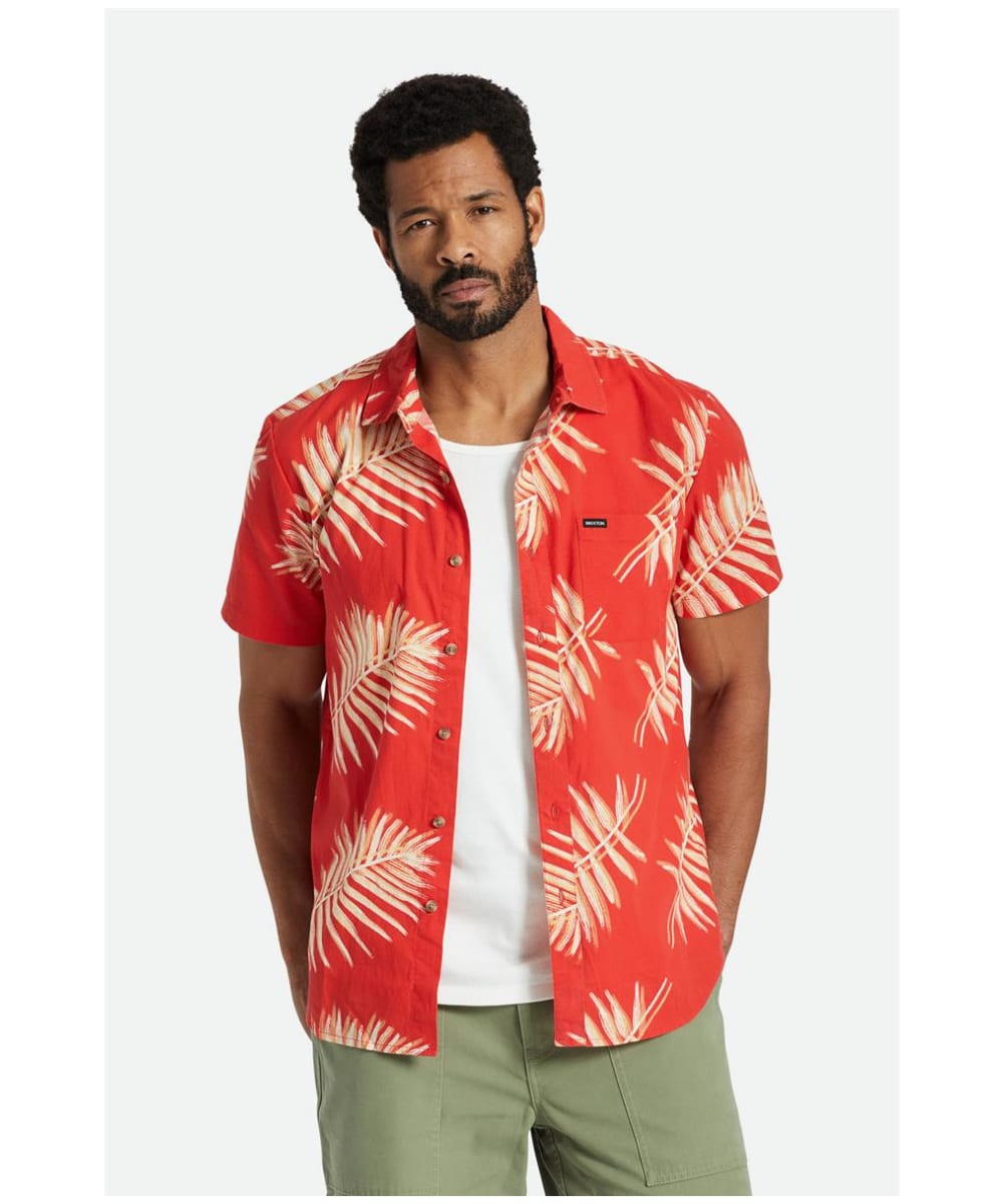 View Mens Brixton Charter Print Short Sleeve Woven Cotton Mix Shirt Aloha Red Palm Leaf XL information