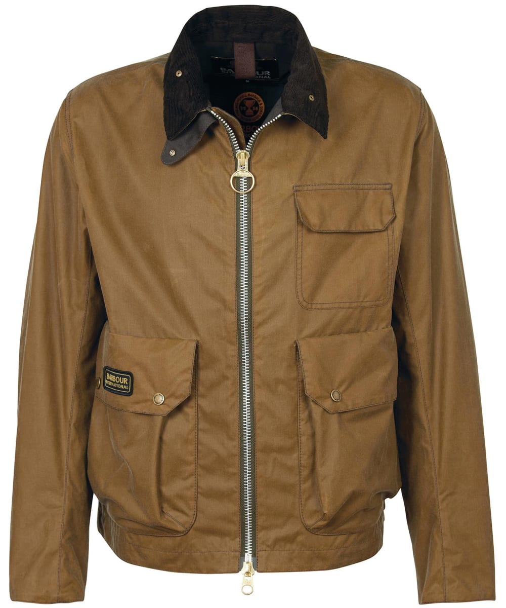 View Mens Barbour International Harlow Waxed Jacket Sand UK L information