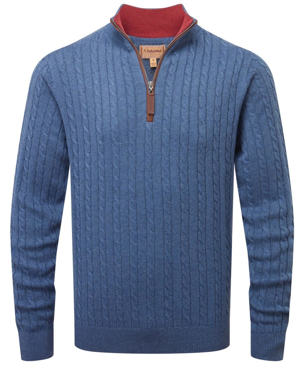 View Mens Schoffel Cotton Cashmere Cable 14 Zip Sweater Stone Blue UK XXXL information
