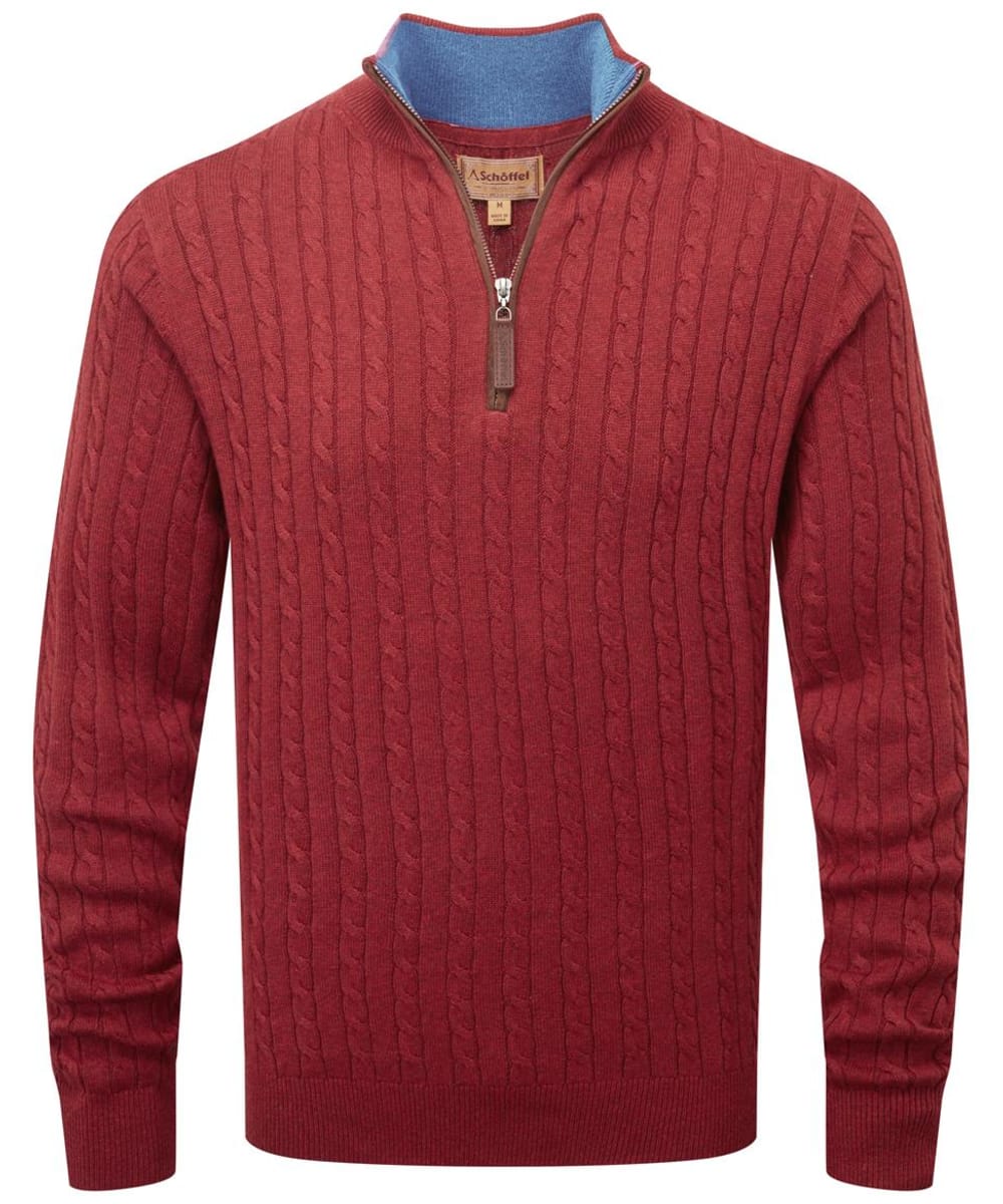 View Mens Schoffel Cotton Cashmere Cable 14 Zip Sweater Chilli Red UK XXL information