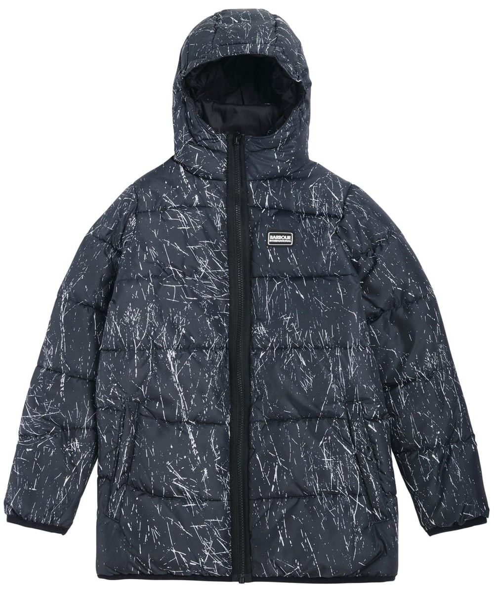 View Boys Barbour International Printed Bobber Quilted Jacket 1015yrs Carbon Print 1415yrs XXL information