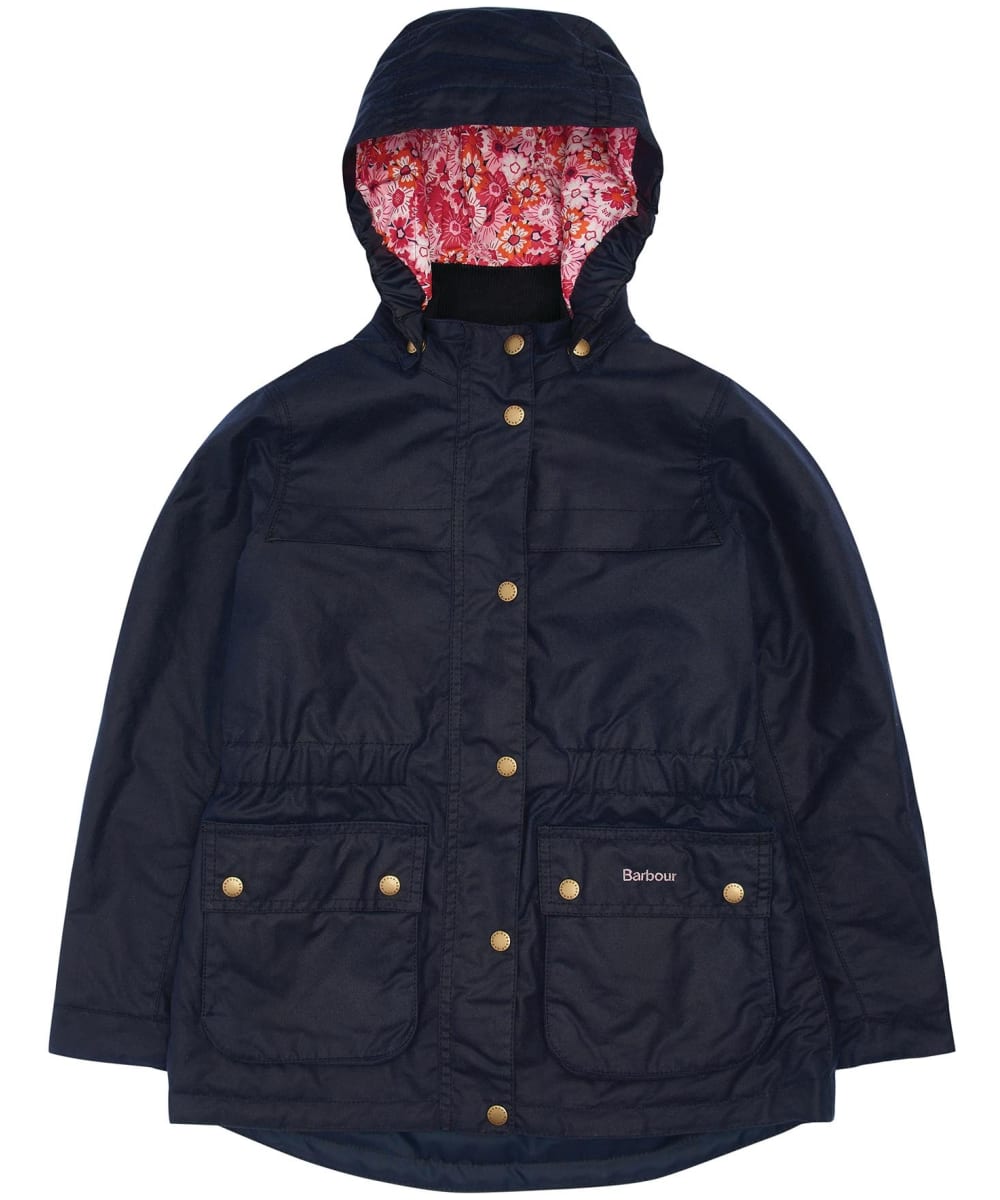 View Girls Barbour Cassley Wax Jacket 69yrs Royal Navy Pink Dhalia 89yrs M information