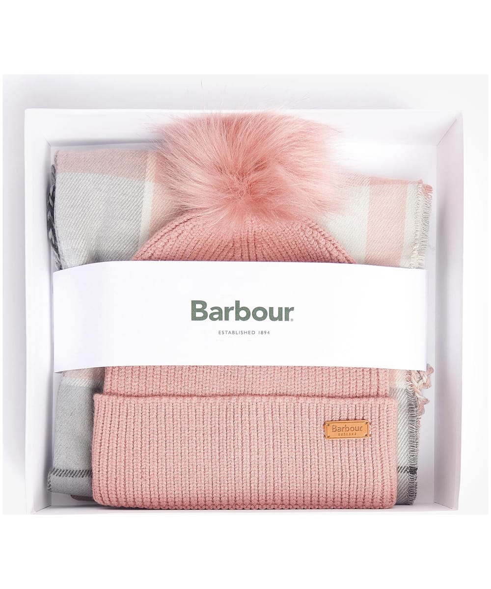 View Womens Barbour Dover Beanie Hailes Scarf Gift Set Pearl Grey One size information