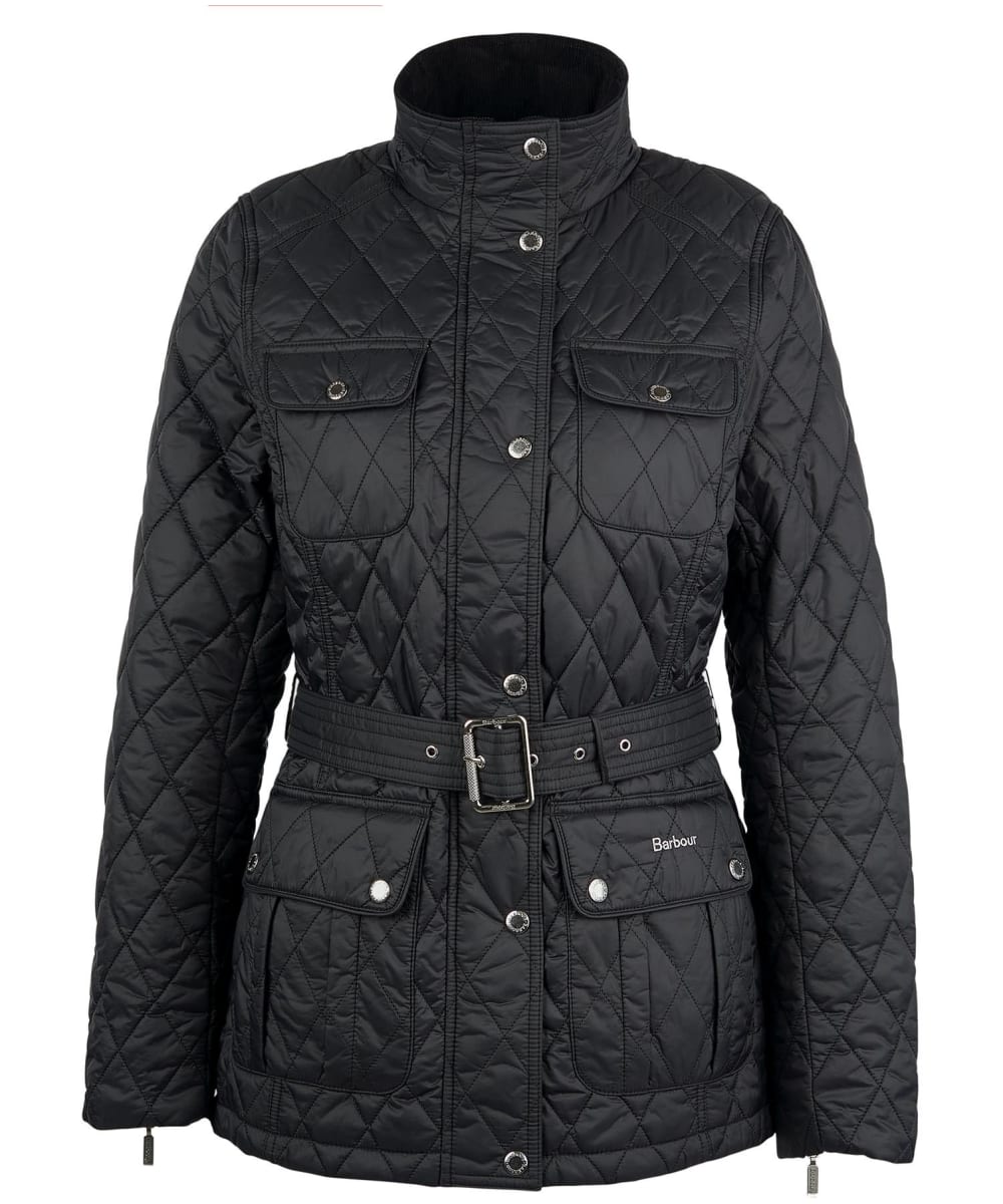 View Womens Barbour Belted Country Utility Quilted Jacket Black Rose Garden Floral UK 18 information